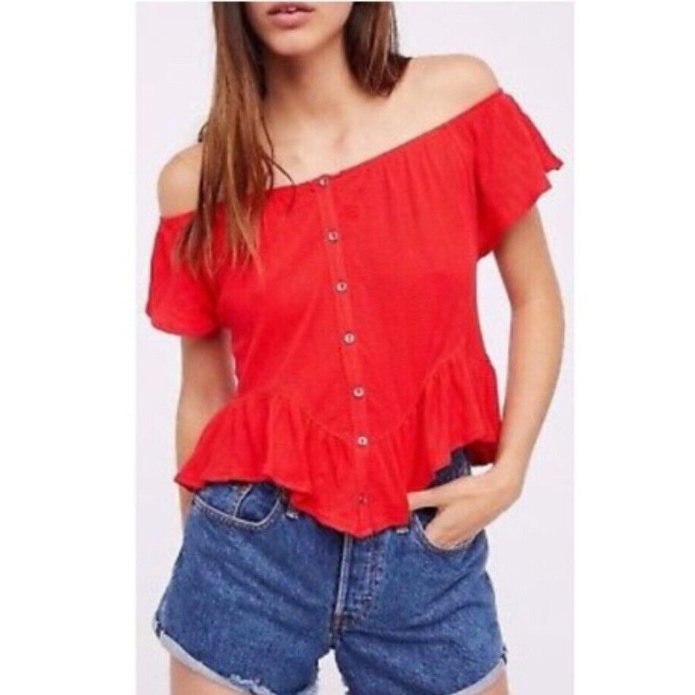 Free People We The Free Red Thermal Slit Sleeve Button Flutter‎ Hem Red Top XS
